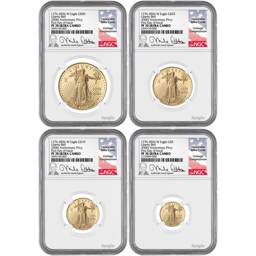 2026 American Gold Eagle 4-Coin Proof Set PF70 Ultra Cameo First Day of Issue – Mike Castle Signed – 1776–2026 Liberty Bell Privy