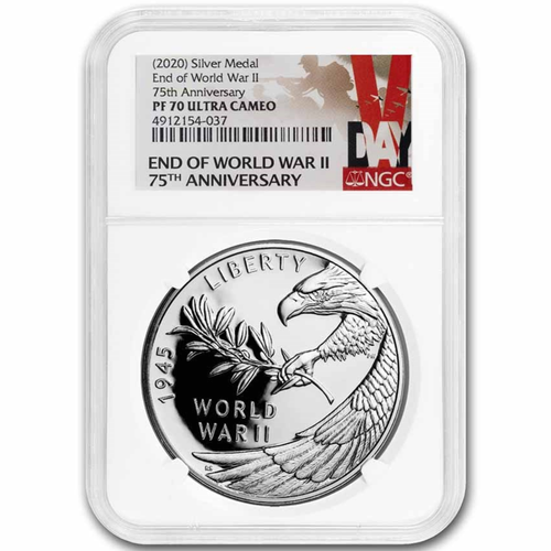 2020 WWII 75th Anniversary Silver Medal PF-70 NGC V75 | 1 oz .999 Fine Silver Proof Ultra Cameo | Limited Mintage 20,000
