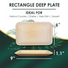 The size of Disposable 9"x6"  Rectangle Deep Plates. They are leak proof, sturdy, cut resistant, microwavable