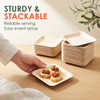 Stackable 4.5-inch square disposable poplar wood plates, shown stacked for easy storage and event setup, with one plate holding appetizers.