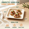 4.5-inch square disposable poplar wood plate with a 0.6-inch depth, shown with appetizers, desserts, and small bites. Perfectly sized for individual servings.