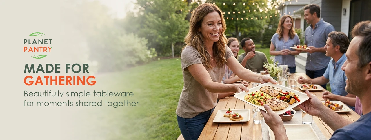 Friends gathering outdoors and sharing food served on Planet Pantry poplar wood tableware at a backyard dinner.