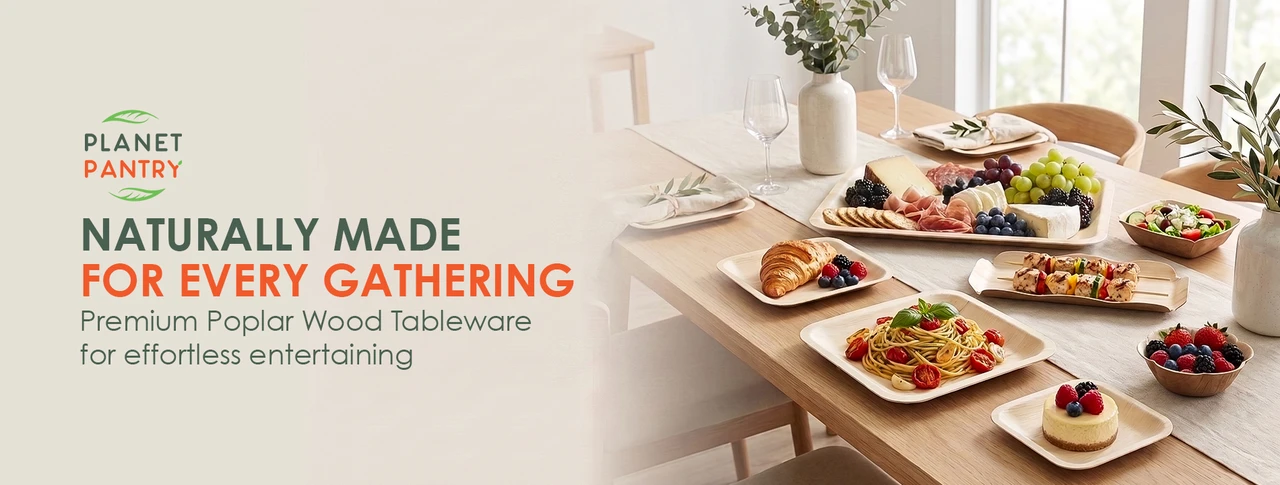 Planet Pantry poplar wood tableware serving pasta, appetizers, fruit, pastries, and shared dishes on a dining table.
