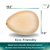 The size of compostable Disposable 7.5"x10.5" Oval Palm Leaf Plates. It's egg shape. Suitable for Easter and wedding party.