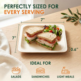 7-inch square disposable wooden plate shown with sandwiches and a fresh salad, illustrating the ideal size for everyday servings. The image highlights the plate dimensions of 7 by 7 inches and approximately 0.6-inch depth, with icons showing it is suitable for salads, sandwiches, and light meals.