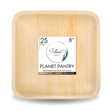 Disposable 8" Square Palm Leaf Plates, a compostable bamboo like dinnerware. a plastic alternative for wedding birthday party