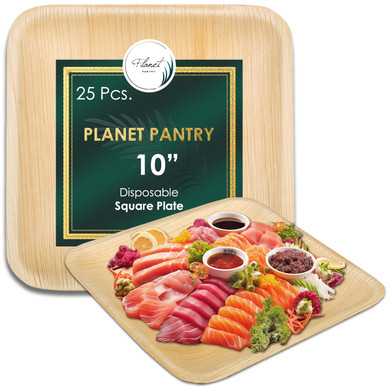 Disposable 10" Square Plates, a compostable bamboo like dinnerware. a plastic alternative for wedding birthday party