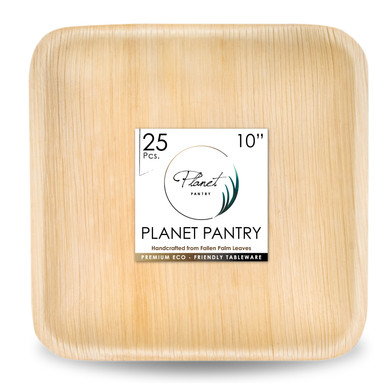 Disposable 10" Square Palm Leaf Plates, a compostable bamboo like dinnerware. a plastic alternative for wedding birthday party