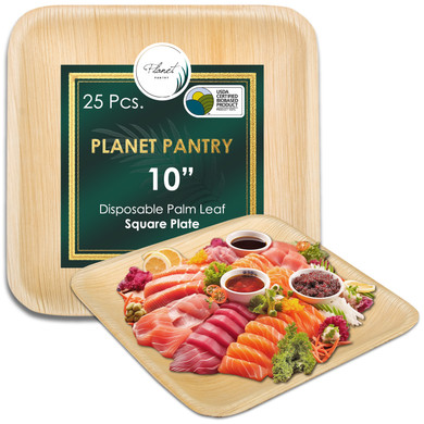 Disposable 10" Square Plates, a compostable bamboo like dinnerware. a plastic alternative for wedding birthday party