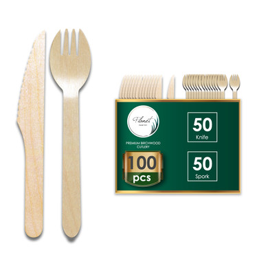 Disposable Birchwood Cutlery Wooden Bamboo-Like for Party - Sporky Set, Knife & Spork