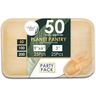 Disposable Party Pack 9"x6" Rectangle Deep Plate & Mini Spork Bamboo Like Style - Paper and Plastic Alternative