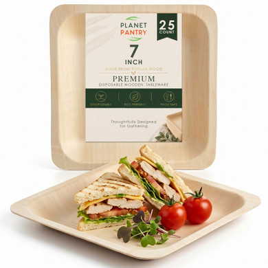 Premium 7-inch square disposable wooden plates made from natural poplar wood, displayed with a stack of plates and a fresh turkey sandwich with lettuce, tomato, cheese, and cherry tomatoes. The product packaging highlights 25-count, compostable, eco-friendly, food-safe, and premium disposable wooden tableware features.
