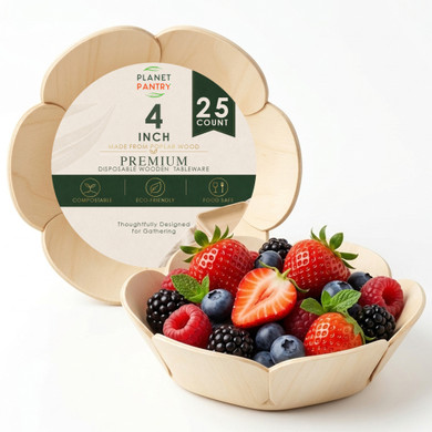 Planet Pantry Disposable Poplar Wood Bowl 4 Inch Round 25ct - Premium Wooden Tableware Compostable Food Safe