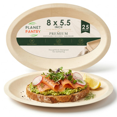 Planet Pantry Disposable Poplar Wood Plate 8x5.5 Inch Oval 25ct - Premium Wooden Plate for Brunch Pastries Salads