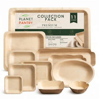 Planet Pantry Poplar Wood Variety Pack 11 Assorted Pieces - Premium Wooden Tableware Collection Sampler