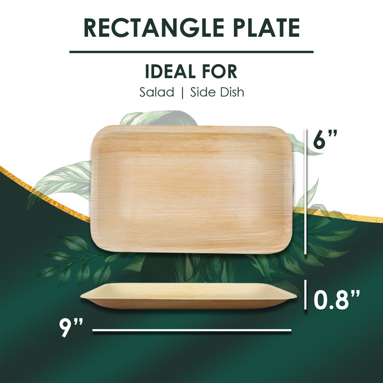The size of Disposable 9"x6" Rectangle Plates. They are leak proof, sturdy, cut resistant, microwavable