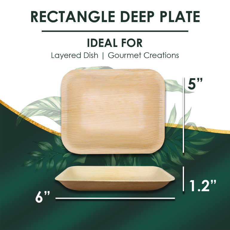 The size of Disposable 6"x5"" Rectangle Deep Plates. They are leak proof, sturdy, cut resistant, microwavable