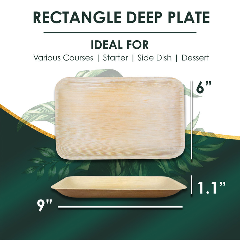 The size of Disposable 9"x6"  Rectangle Deep Plates. They are leak proof, sturdy, cut resistant, microwavable