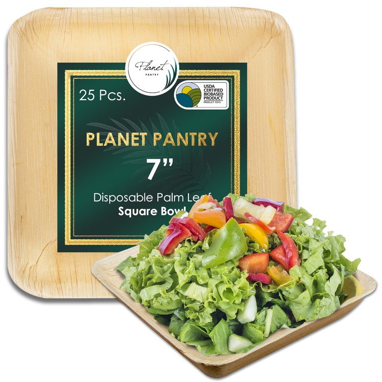 Disposable 7" Square Bowls, a compostable bamboo like dinnerware. a plastic alternative for wedding birthday party