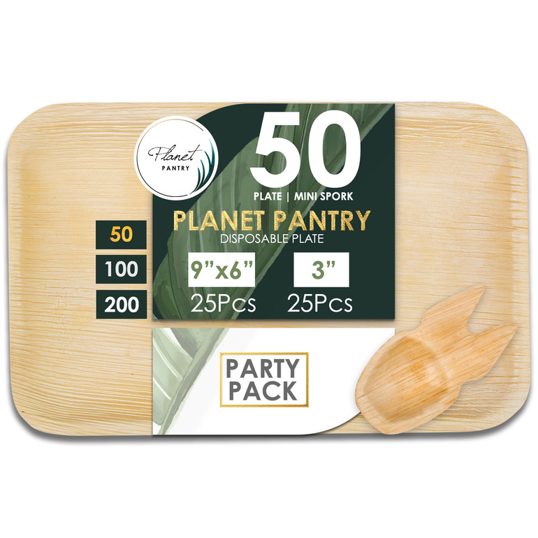 Disposable Party Pack 9"x6" Rectangle Deep Plate & Mini Spork Bamboo Like Style - Paper and Plastic Alternative