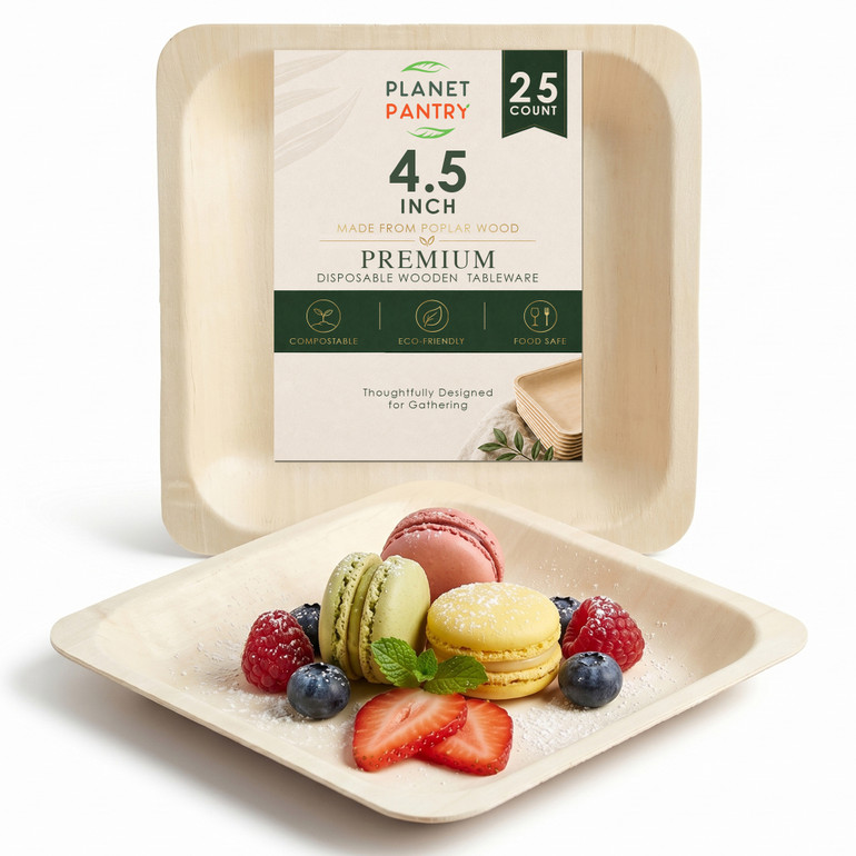 Premium 4.5-inch disposable poplar wood plates, 25-count, featuring assorted macarons and fresh berries on an eco-friendly wooden tableware display.