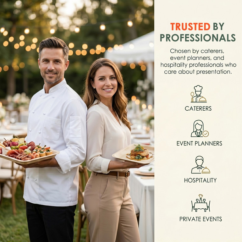 Professional catering and event service featuring disposable poplar wood tableware, trusted by caterers, event planners, hospitality professionals, and private events.