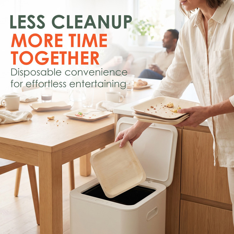 Disposable poplar wood plates make cleanup easy after meals and gatherings, with used plates being quickly collected and discarded for effortless entertaining.