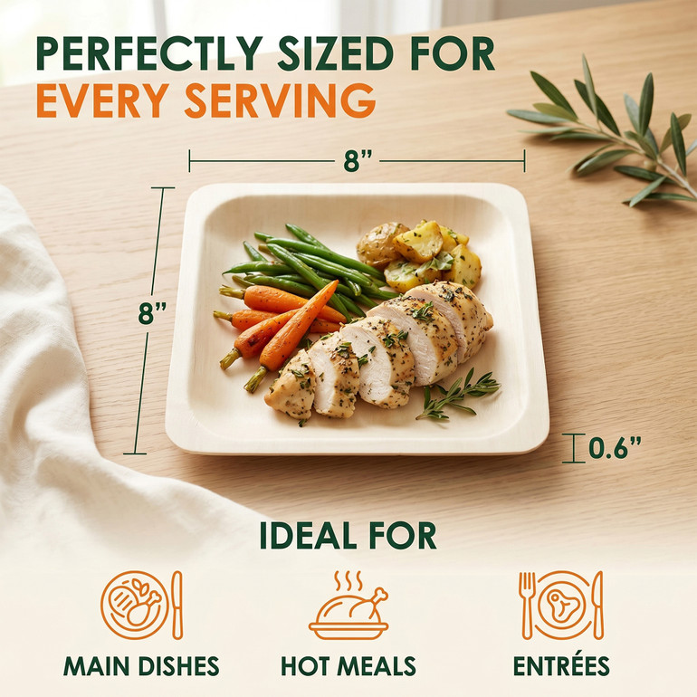 Poplar Wood Plate 8 Inch Square Size Guide 8x8 Inch - Ideal for Main Dishes Hot Meals and Entrees