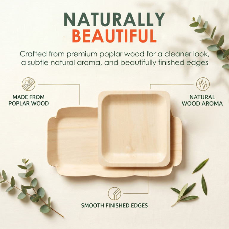 Planet Pantry Poplar Wood Plate 8 Inch Square Naturally Beautiful - Crafted from Premium Natural Poplar Wood