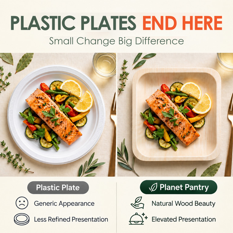 Planet Pantry Natural Wood Plate 8 Inch vs Plastic - Elevated Dinner Presentation Natural Wood Beauty