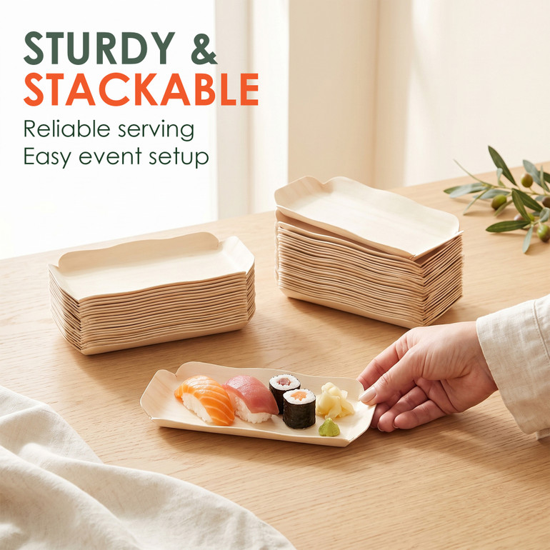 Disposable Poplar Wood Plate 7x4 Wavy Rectangle Sturdy Stackable - Reliable Serving Easy Party Setup