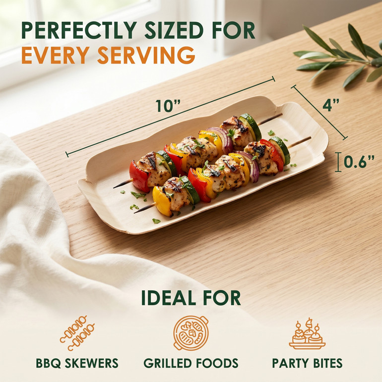 Poplar Wood Plate 10x4 Inch Wavy Rectangle Size Guide - Ideal for BBQ Skewers Grilled Foods and Party Bites