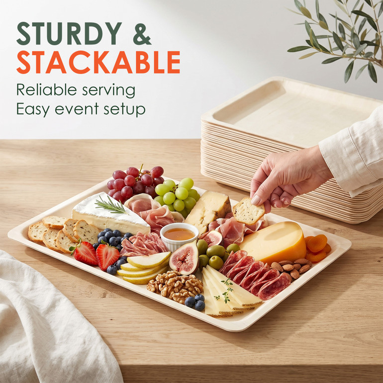 Disposable Poplar Wood Serving Tray 15.7x11 Inch Sturdy Stackable - Reliable Serving Easy Catering Setup