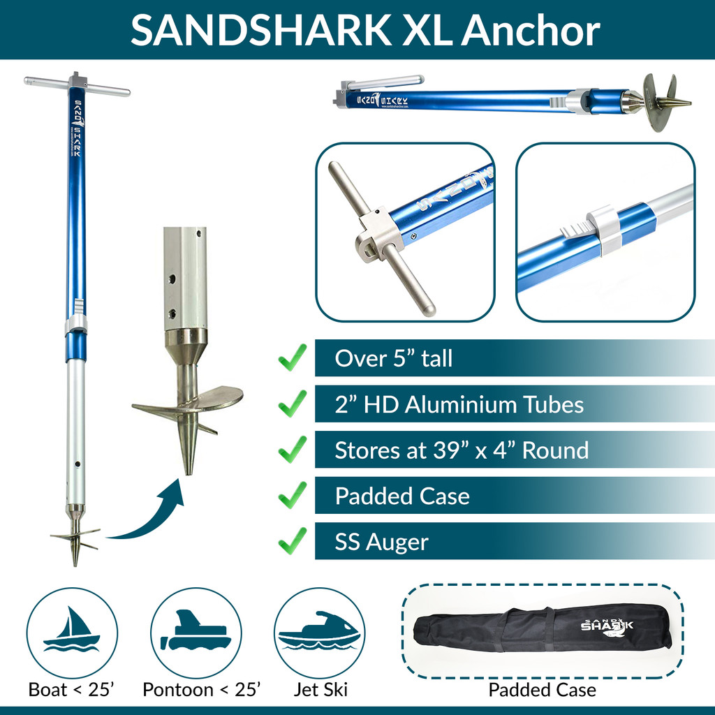 Scratch & Dent Special :: Ultimate XL Boat Sand Anchor by SandShark. Adjustable, Folds Up for Compact Storage. Screw Auger Design Holds & Protects Boats and Pontoons. Secures in Shallow Water, Beach, Sandbar w/Case