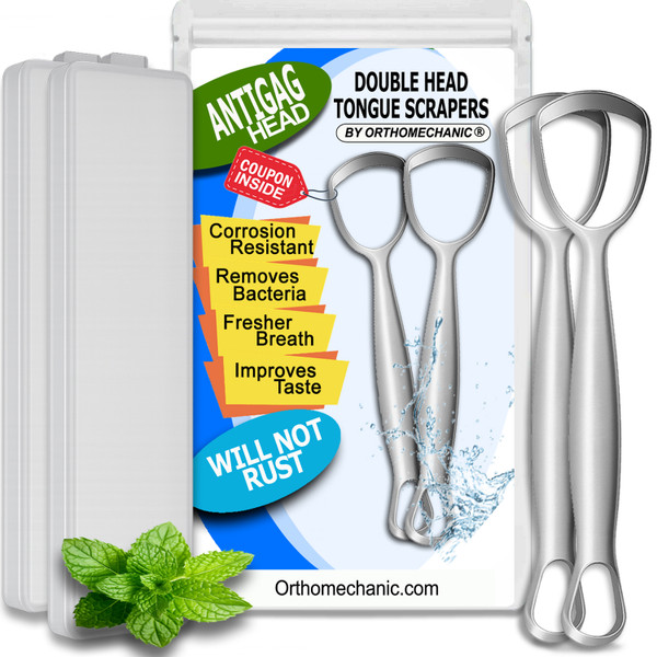 Double-Headed Tongue Scrapers for Adults & Kids with Travel Cases, 100% Stainless Steel, Gentle & Durable Scrapers