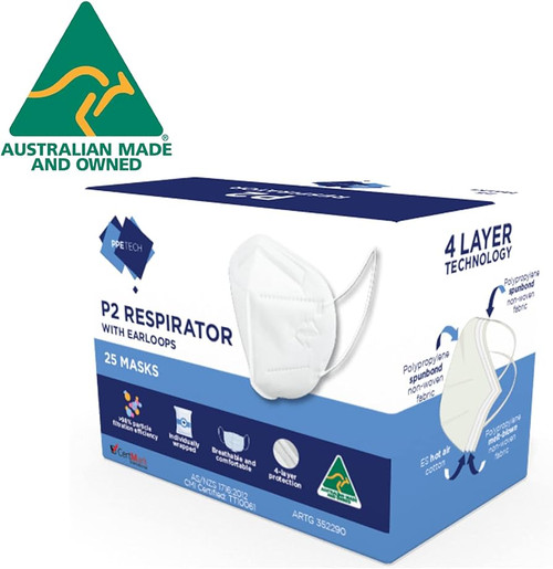 P2 Australian Made 4-Layer Face Mask with Earloops - 25 Pack