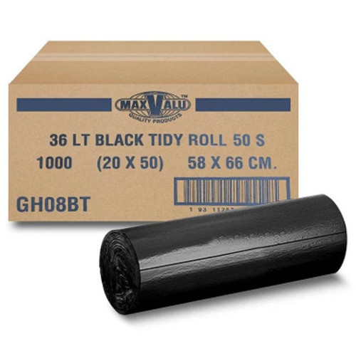 36L Black Tidy Roll Bin Liners 66 x 58cm - 20 Rolls (1000 Bags)