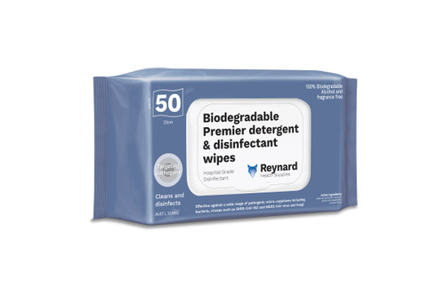 Biodegradable Premier detergent & disinfectant wipes - 50 Wipes