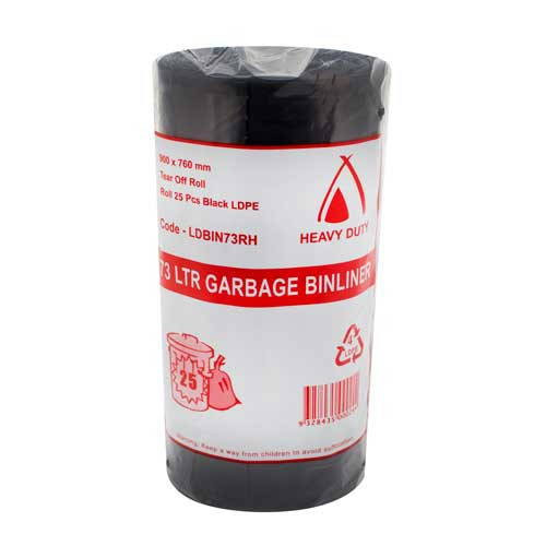 73LT Heavy Duty Black Bin Liners 760 x 900cm - Carton of 250 (10 Rolls x 25 Liners), CTN250