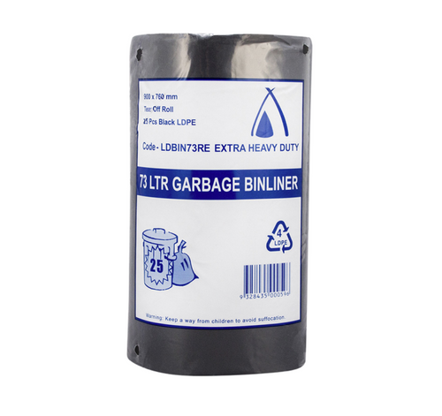 Huhtamaki 73LT Extra Heavy Duty Black Bin Liners 760 x 900 mm - Carton of 10 Rolls (25 Bags/Roll)