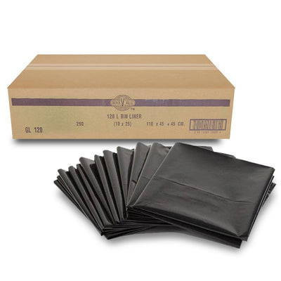 Heavy Duty 120L Black Bin Liners 110x45+45cm - Carton of 250 Bags (25 Bags/Pack), CTN250