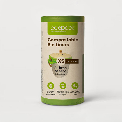 Ecopack 8L Green Compostable Bin Liners - Tie Handles (1 Roll/30 Bags)