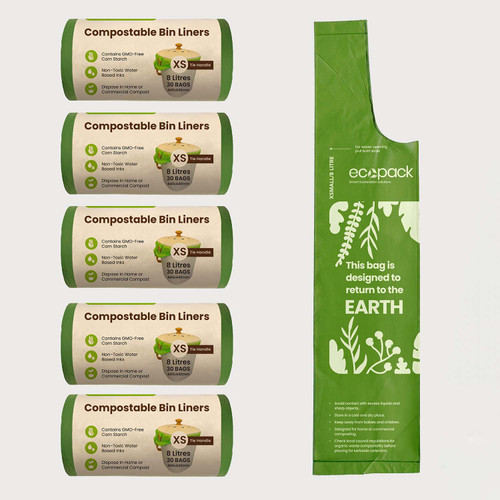 Ecopack 8L Green Compostable Bin Liners Bundle (5 Rolls/150 Bags)