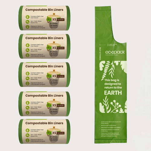 Ecopack 8L Green Compostable Bin Liners Bundle (5 Rolls/150 Bags)
