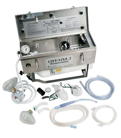 Comweld Oxy-Viva 3 resuscitator kit open in stainless steel case