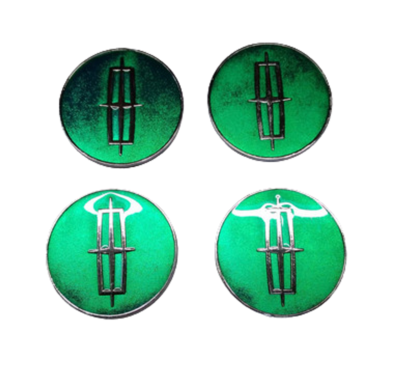 Set of 4 knock-off Lincoln center metal chips (Green & Chrome)