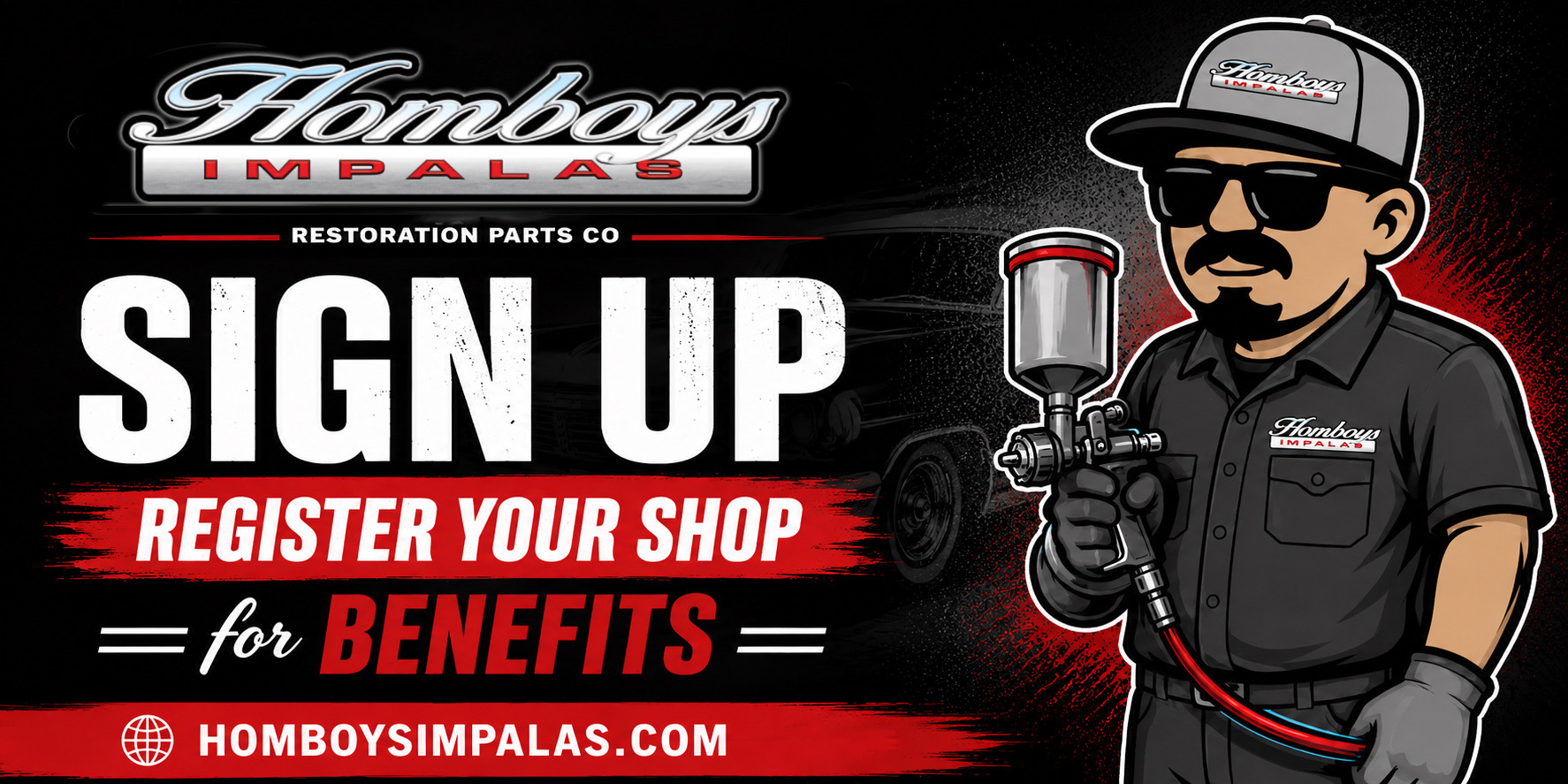 Register your restoration shop with Homboys Impalas for exclusive shop benefits and Impala parts support
