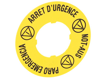YELLOW LEGEND DISK 60mm 'ARRET D'URGENCE' 'PARO EMERGENCIA' & 'NOT AUS'