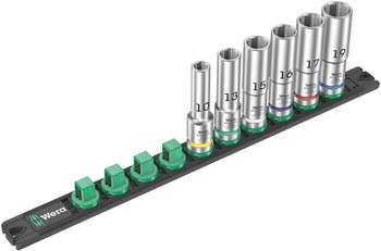 Rail with secure bit mounting and yet easy removal (twist-to-unlock) for temporary attachment on wall, shelf or workshop trolley