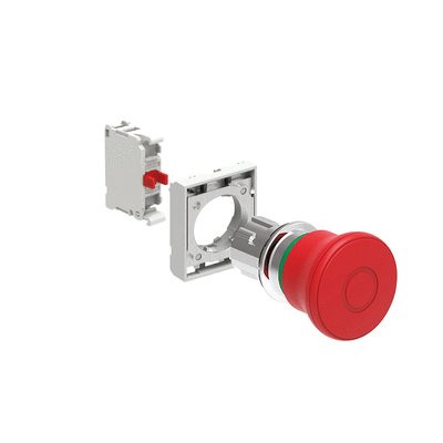 MUSHROOM METAL LATCH, PULL TO RELEASE 40mm RED ISO 13850 W/MTG ADAPTER 1NC